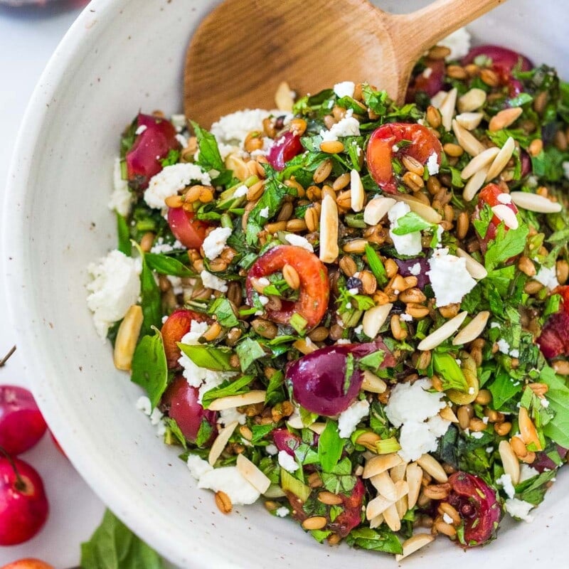 Pickled Cherry and Farro Salad with almonds, fresh herbs and Vanilla- Balsamic Dressing.