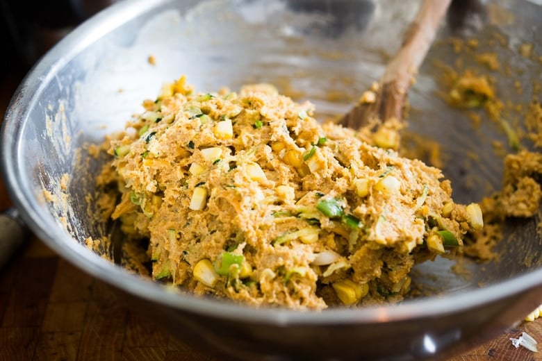 mixing bowl with zucchini cornbread dough.