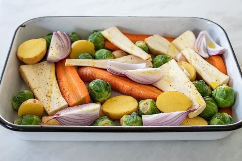 pan of roasting vegetables