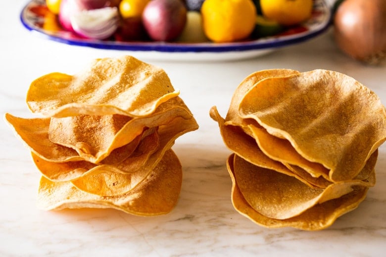 Homemade tortilla chips for chilaquiles. 