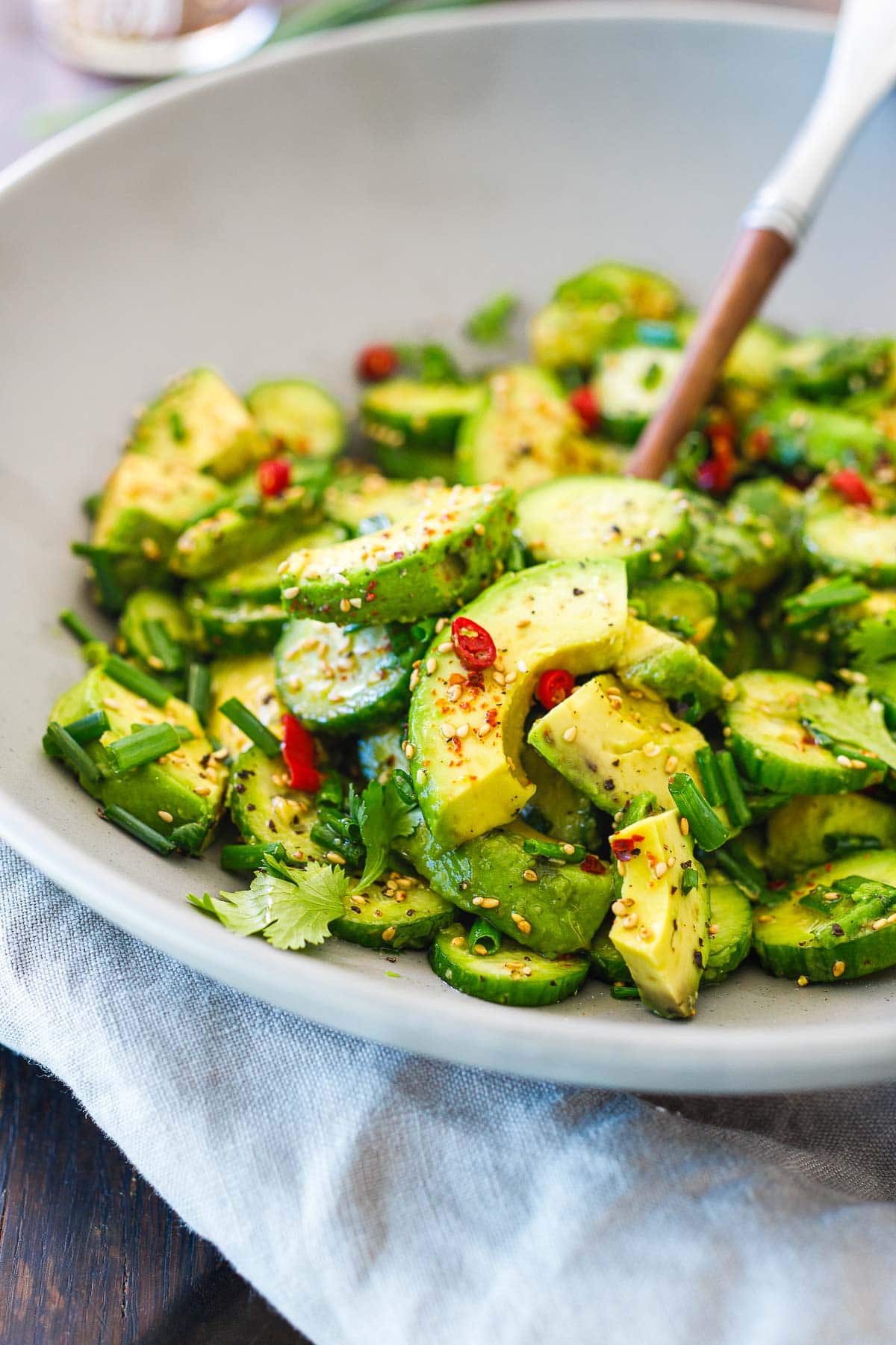 Asian avocado salad in a bowl. 