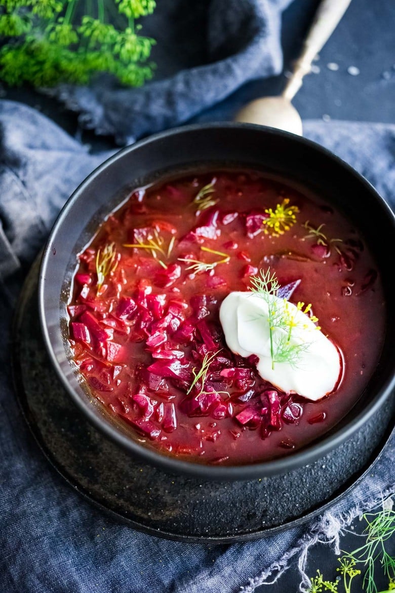 A simple delicious recipe for Borscht- a healthy, vegan, beet and cabbage soup that can be made in an Instant Pot or on the stove top. Warming and nourishing, Borscht is full of flavor and nutrients! #borscht #beetborscht #beetsoup #cabbagesoup #vegansoup #beets #cleaneating #plantbased #eatclean #vegan #vegetarian #instantpot #instapot