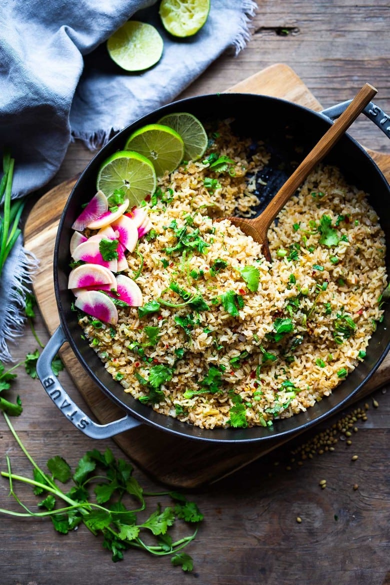 An easy healthy recipe for Cilantro Lime Rice that is made on the stovetop. This variation is made with brown rice. 
