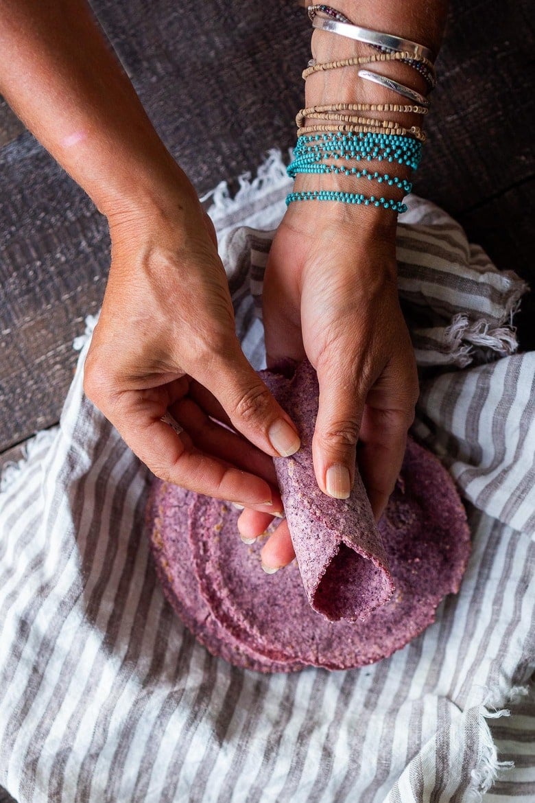 homemade tortillas using blue corn.