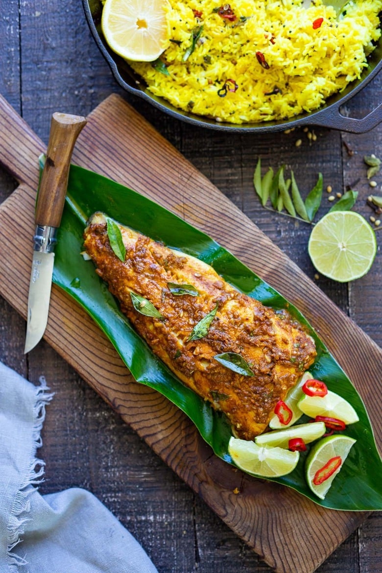 A recipe for Kerala Fish made with a flavorful paste that is either grilled or roasted in the oven. Curry leaves and Tamarind give this Indian Recipe its unique flavor.