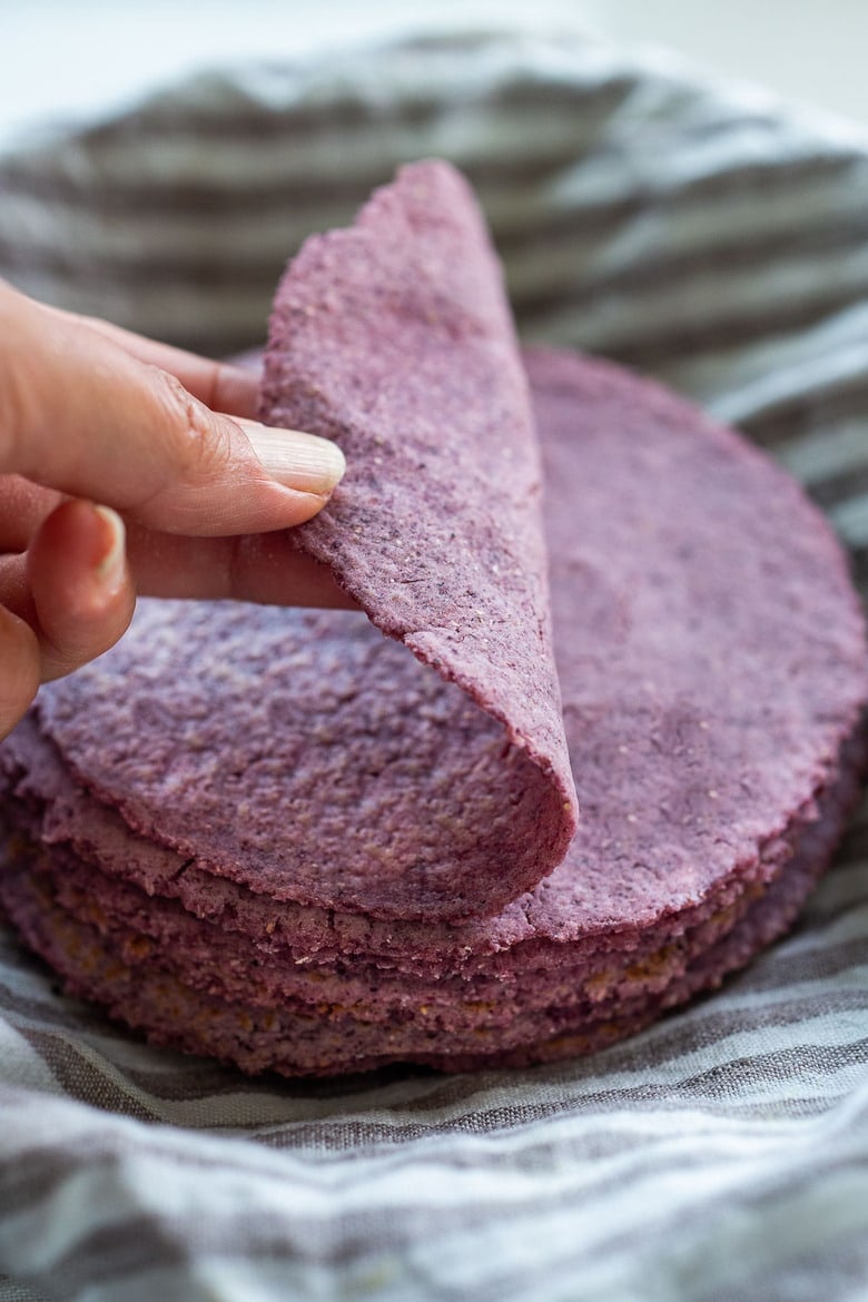 A stack of blue corn tortillas