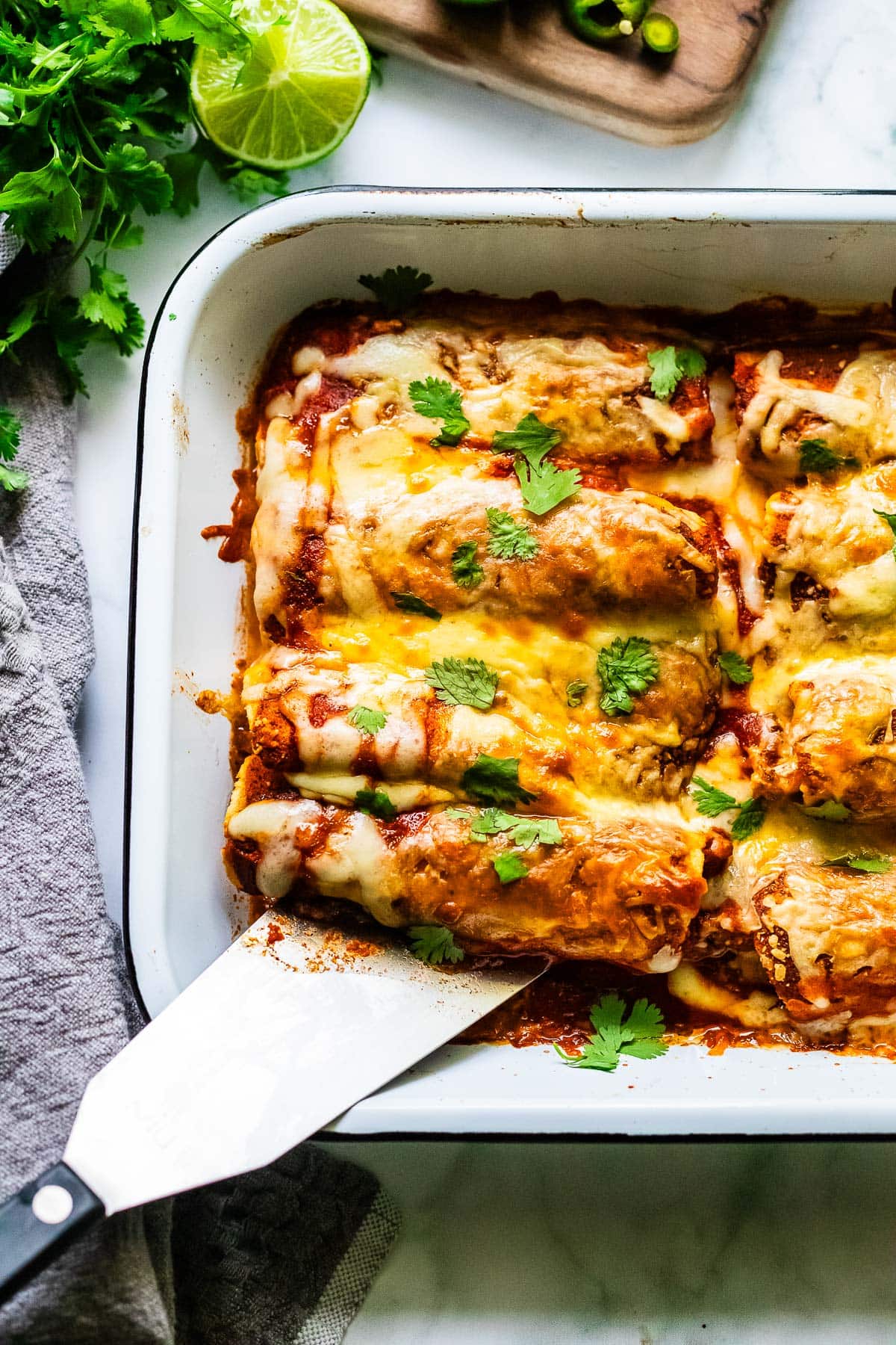 chicken enchiladas in a pan 