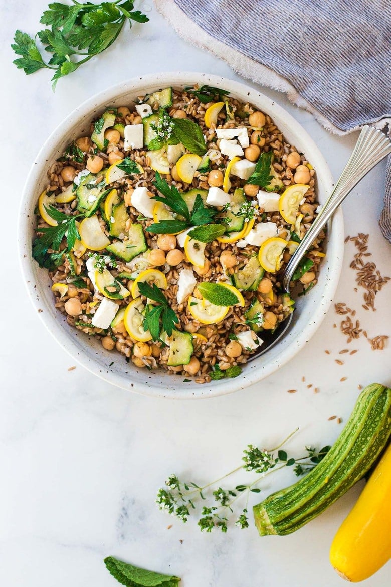 Our 20 Best Zucchini Recipes Our 20 Best Zucchini Recipes: Mediterranean Farro Salad with Marinated Zucchini & Chickpeas, fresh herbs and optional feta, tossed a simple lemony dressing. #farrosalad #vegansalad #zucchinirecipes #chickpeasalad