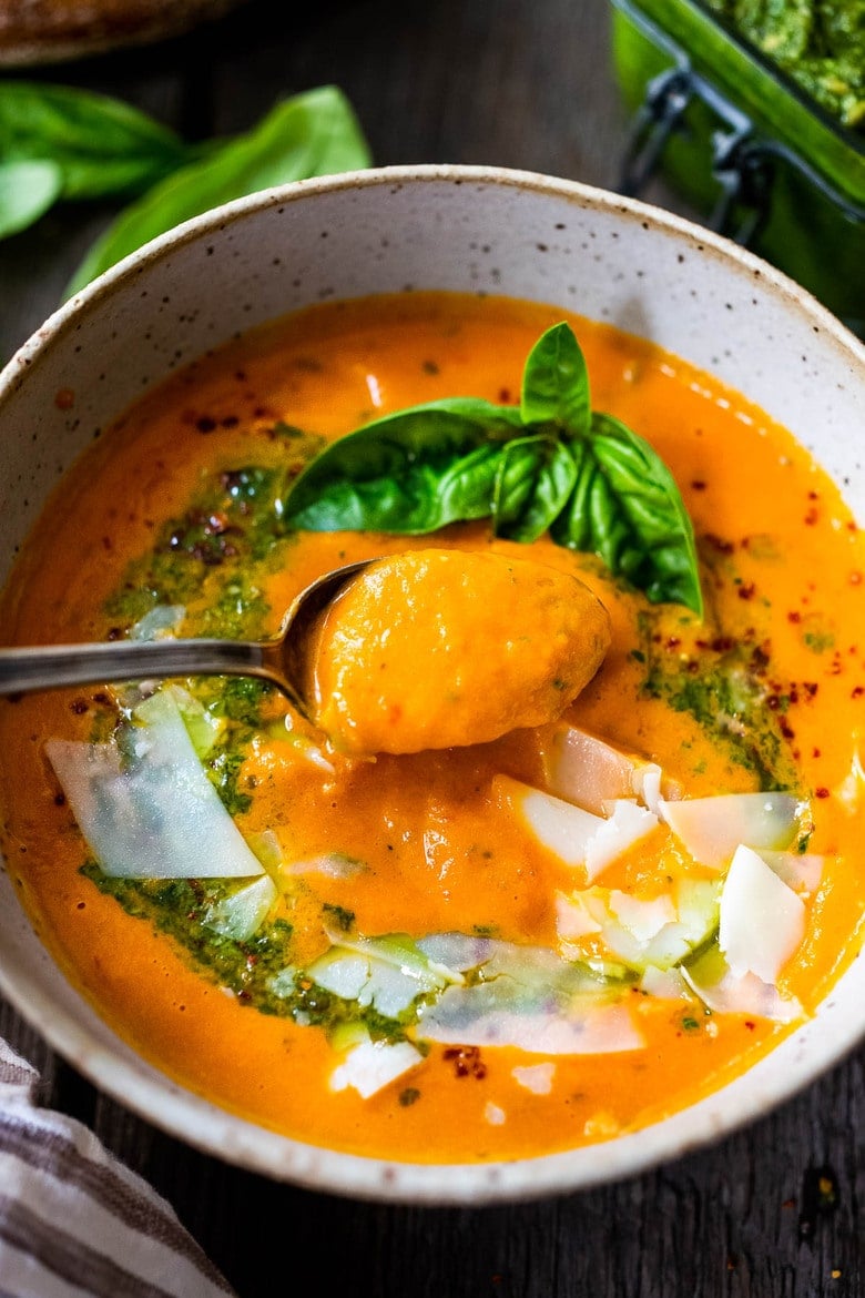 creamy tomato soup in a bowl.