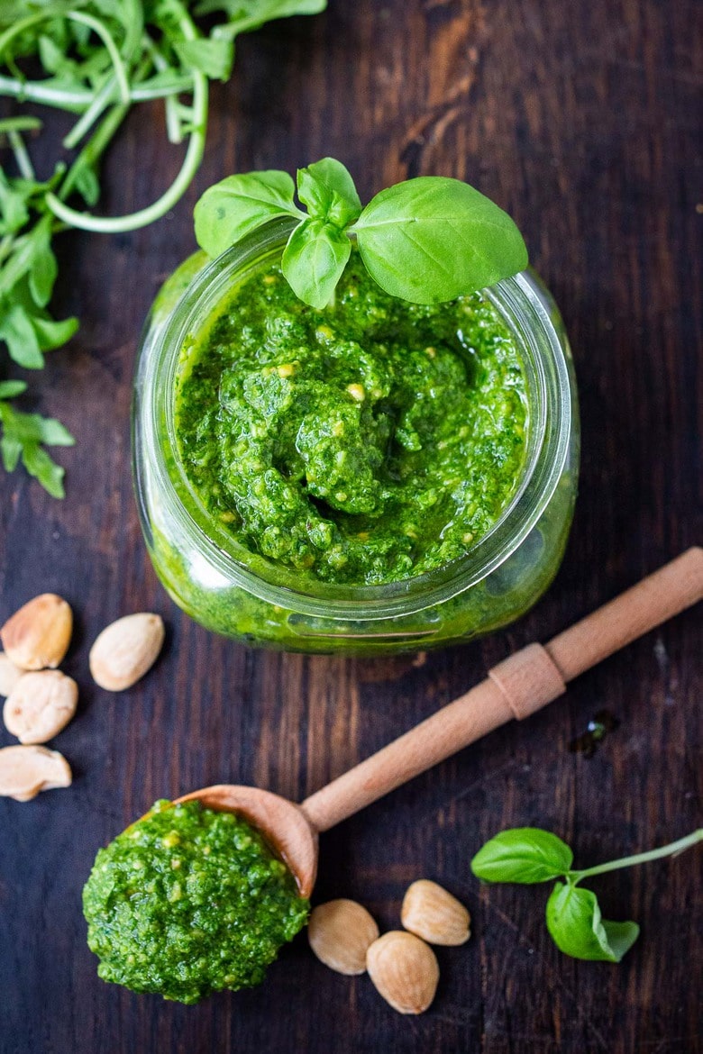 This arugula pesto recipe is the best! It's vegan, easy and completely delicious! We use it in our catering business to enliven soups and stews, toss with pasta, or add to sandwiches, adding a delicious peppery brightness to dishes you are already making. 