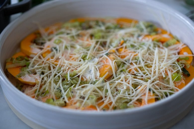 layer of gruyere and cream over layer of butternut squash and leeks. 