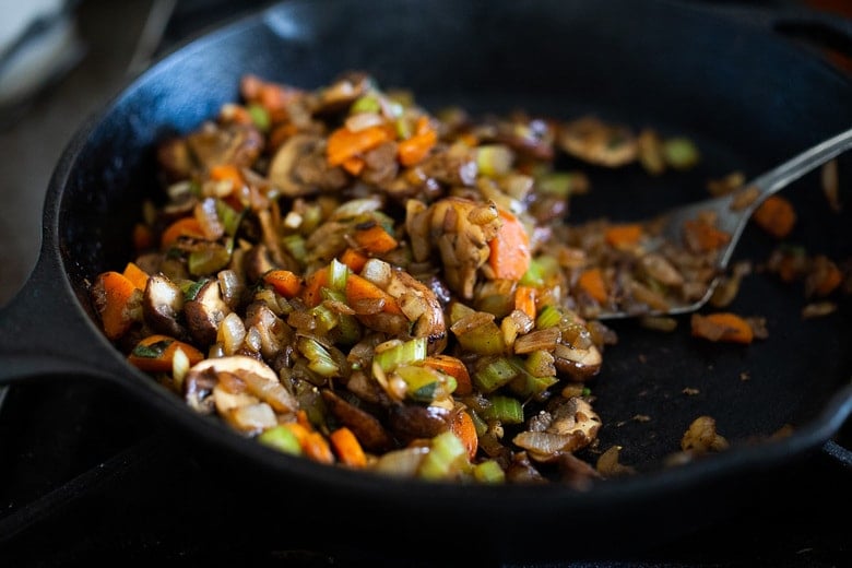 sautéing mushrooms with other veggies in cast iron skillet. 