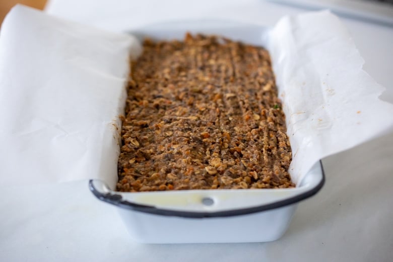 mushroom loaf pressed into prepared loaf pan. 