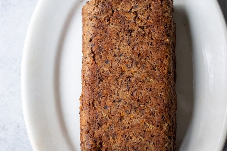 mushroom loaf flipped onto plate. 