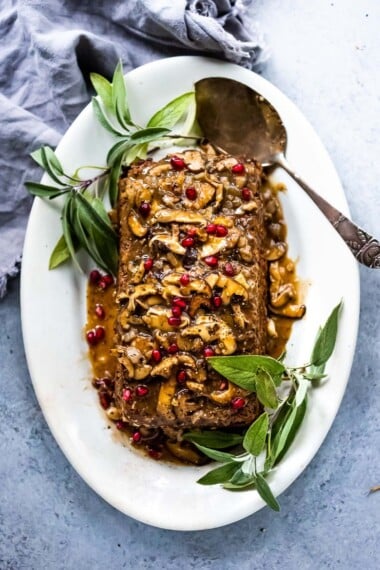 This sagey mushroom loaf is savory, hearty, and so delicious! It's a comforting vegetarian entree, perfect for fall gatherings or the holiday table. Serve it up with our mushroom gravy and garlic mashed potatoes!