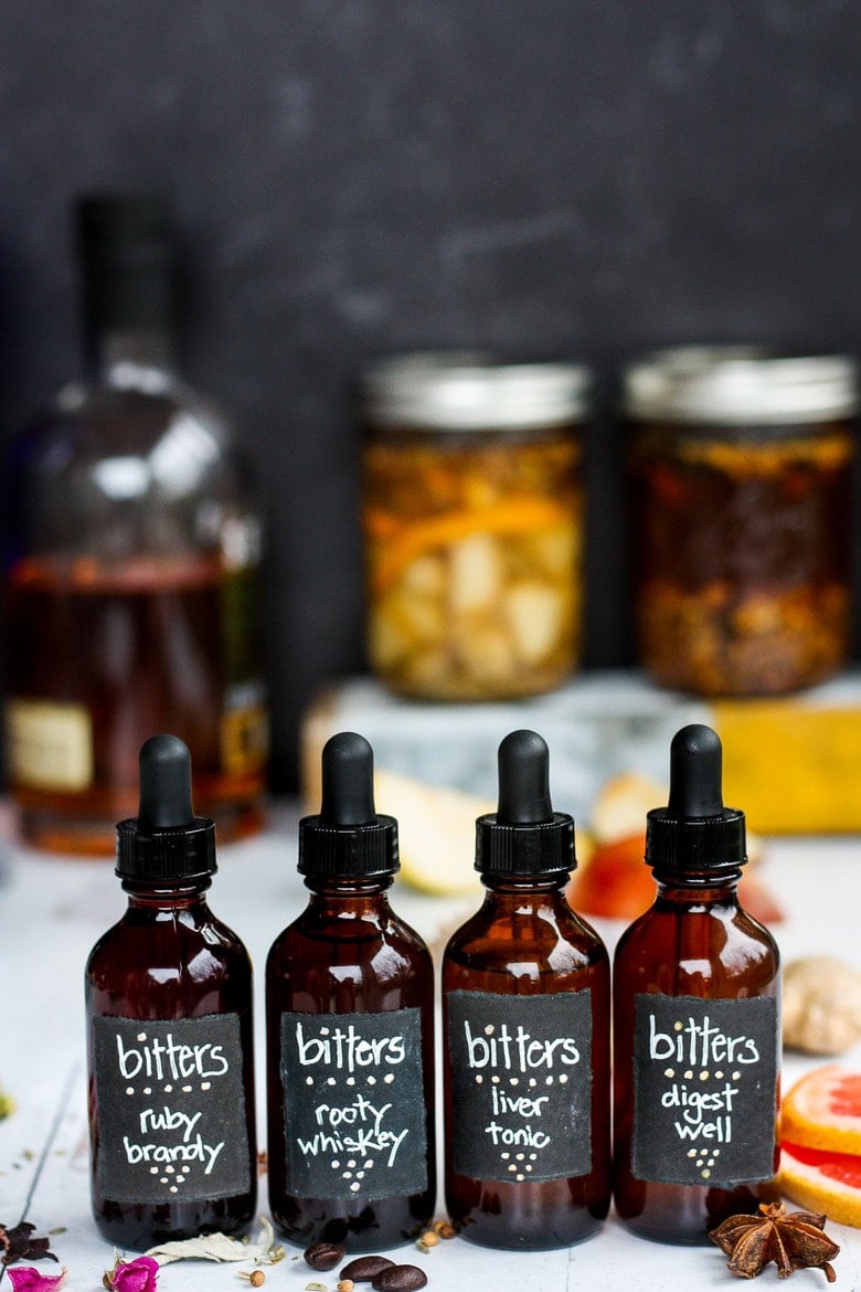 Easy homemade bitters in bottles.
