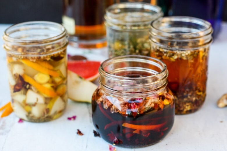 steeping bitters in mason jars.