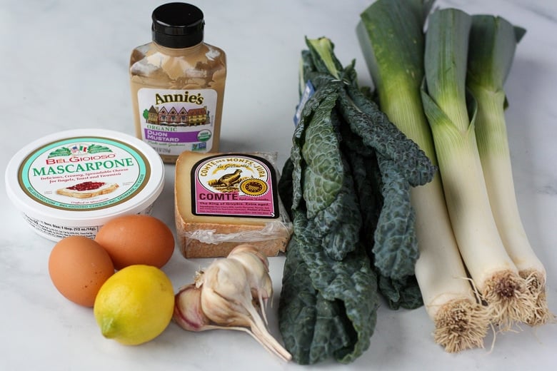 savory galette filling ingredients for the savory galette filling - leeks, kale, comte, mascarpone, eggs, garlic, lemon, dijon.