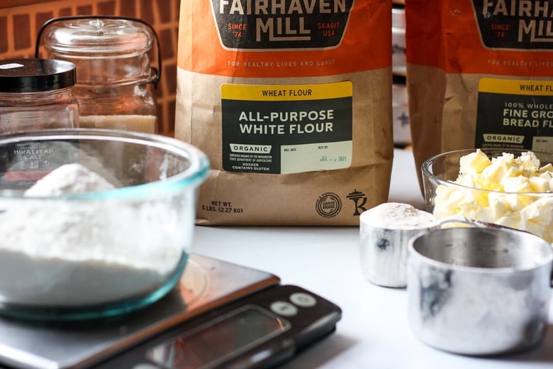 ingredients for the galette dough - all purpose flour, bread flour, butter.
