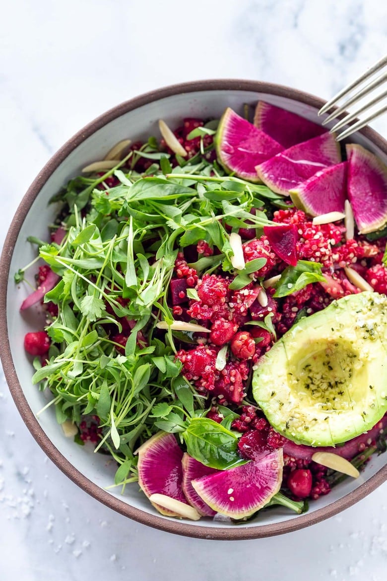 Our 25 BEST Vegan Buddha Bowls! Our 25 BEST Vegan Buddha Bowls!| Brighten up your day with this Winter Bliss Bowl! A simple vegan bowl made with beets, quinoa, avocado and chickpeas-that can be made in under 30 minutes! Great for meal-prepping and guaranteed to lift your spirits! #bowl #buddhabowl #veganbowl #