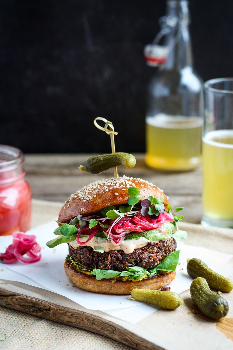 Packed with nutritious ingredients, this Chickpea Quinoa Veggie Burger is full of savory delicious flavor and satisfying texture. Great with a variety of toppings. Vegetarian and Gluten-free, Vegan-adaptable! #veggieburger #chickpeaburger