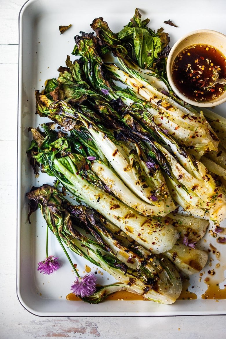 Succulent Grilled Bok Choy with flavorful Ponzu Sauce is tender and juicy with toasty savory flavor.  An easy side dish that is delicious and healthy!