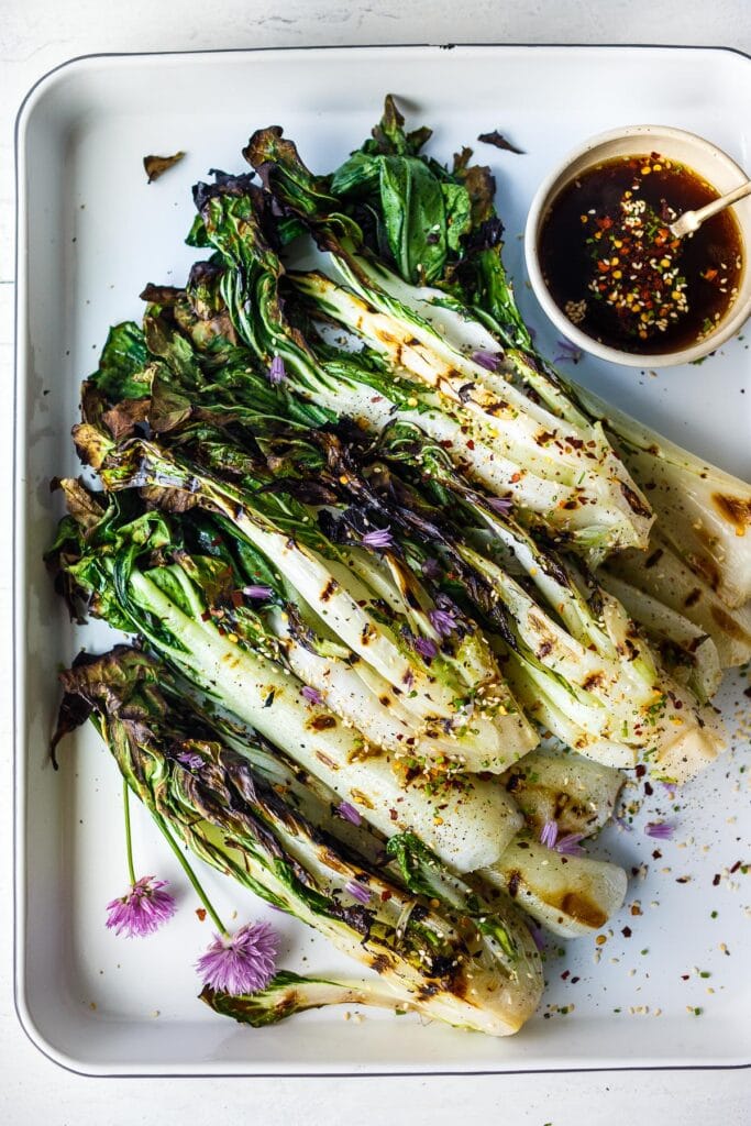 Succulent Grilled Bok Choy with flavorful Ponzu Sauce is tender and juicy with toasty savory flavor. An easy side dish that is delicious and healthy!