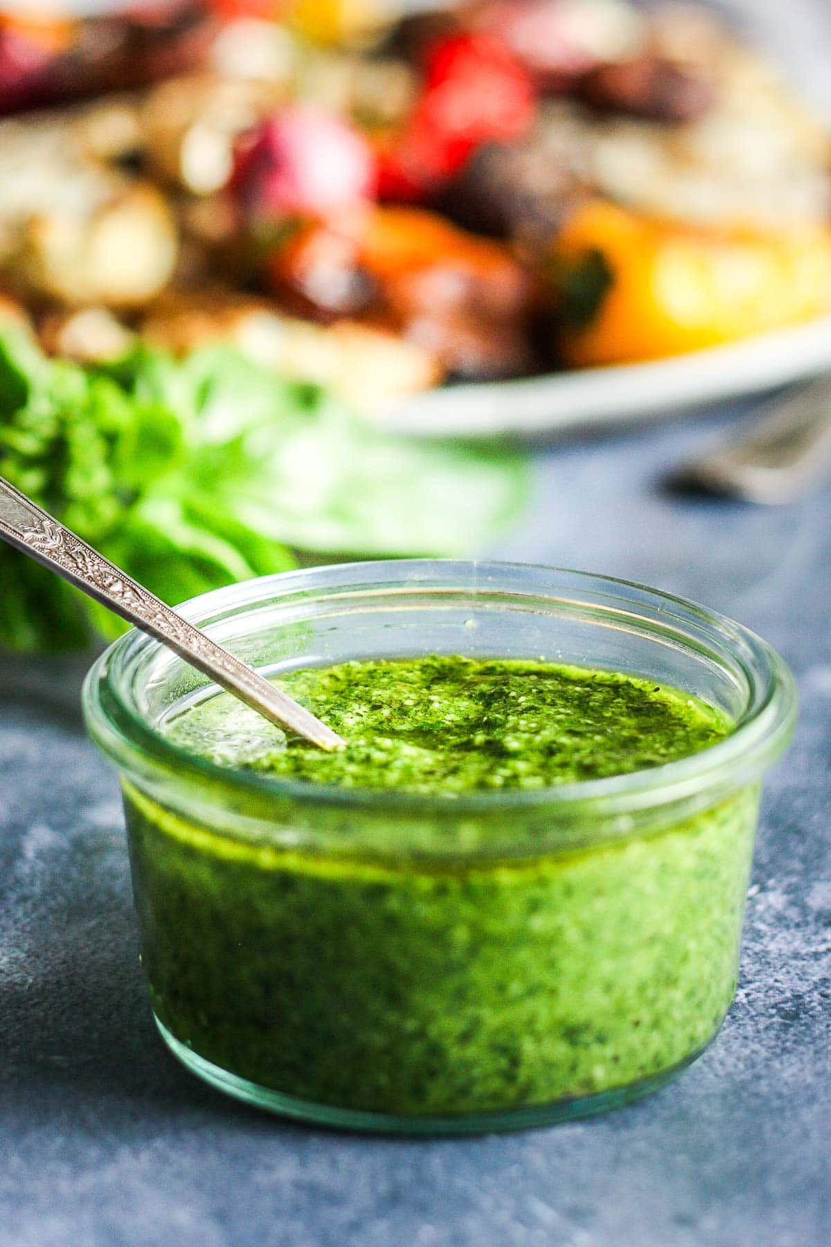 This fresh Basil Pesto recipe is brimming with bright and savory peppery basil goodness! This version is nut-free, made with nutritious hemp seeds and a splash of lemon.