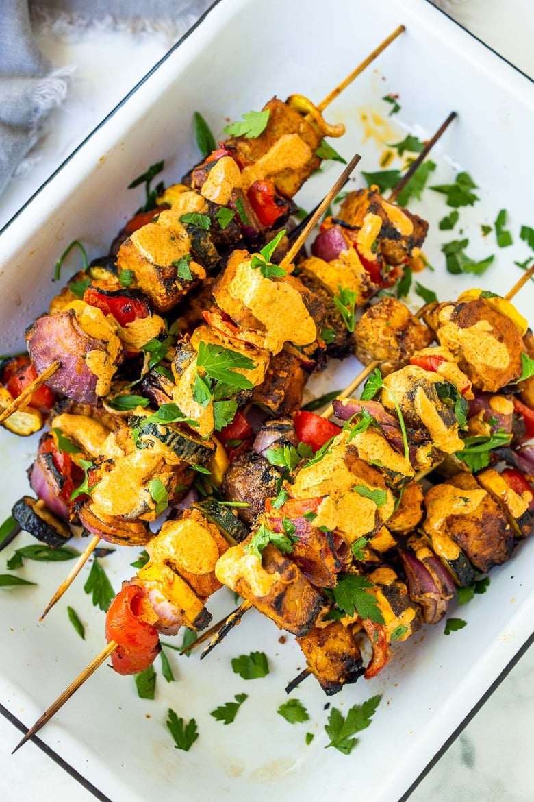 50 Best Grilling Recipes for Summer | Grilled Veggie Kabobs with Harissa Yogurt -made with your choice of protein (tempeh, tofu,or chicken)! A delcious summer meal that packs a big punch of flavor! Perfect for summer bbqs and gatherings! Vegan-adaptable. #kababs #veggiekabobs, #veganskewers, #veggieskewers #harrissakabobs