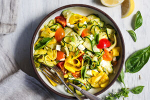 Sautéed Zucchini Ribbons with lemon zest, garlic and chili flakes. A quick and simple side dish- delicious with grilled protein for dinner or try it with eggs for breakfast. Keep it vegan or jazz it up with cheese.