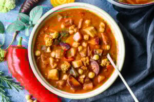 Harvest Vegetable Soup with Roasted Tomato Broth and Chickpeas is brimming with color and nutrients. Adaptable, Vegan and Gluten-Free!