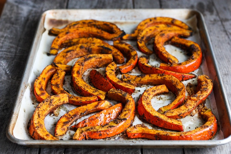roasted red kuri squash on baking sheet.
