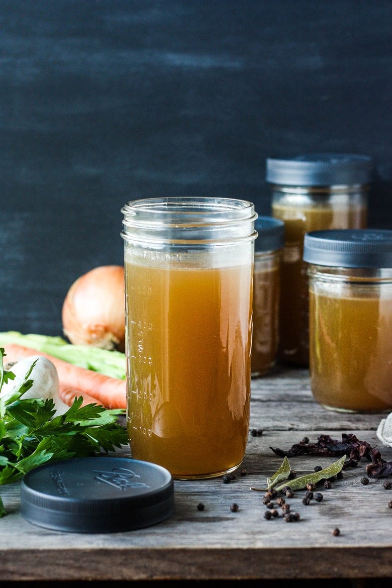 homemade vegetable stock in a jar.