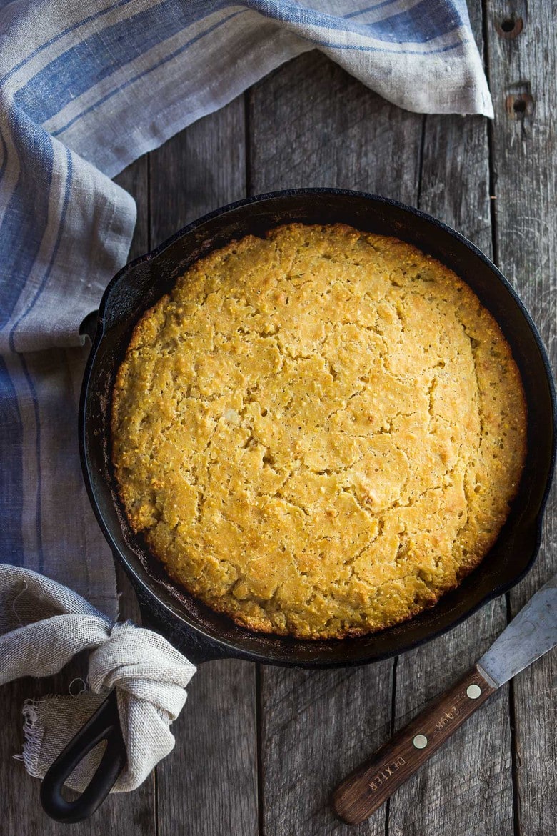 This Cornbread recipe is homey, delicious, and full of wholesome cornmeal flavor with an irresistible crusty edge. Bake it in a skillet or baking dish and it's ready in just 35 minutes! Perfect for serving with soups, chili's, stews. Vegan-Adaptable (see recipe notes!).