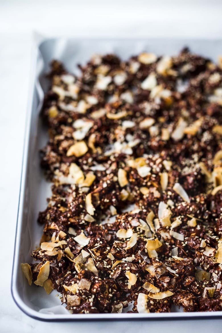 Chocolate bark on a baking sheet.