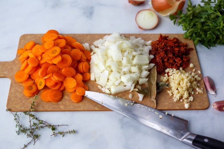 chopped ingredients in spit pea soup