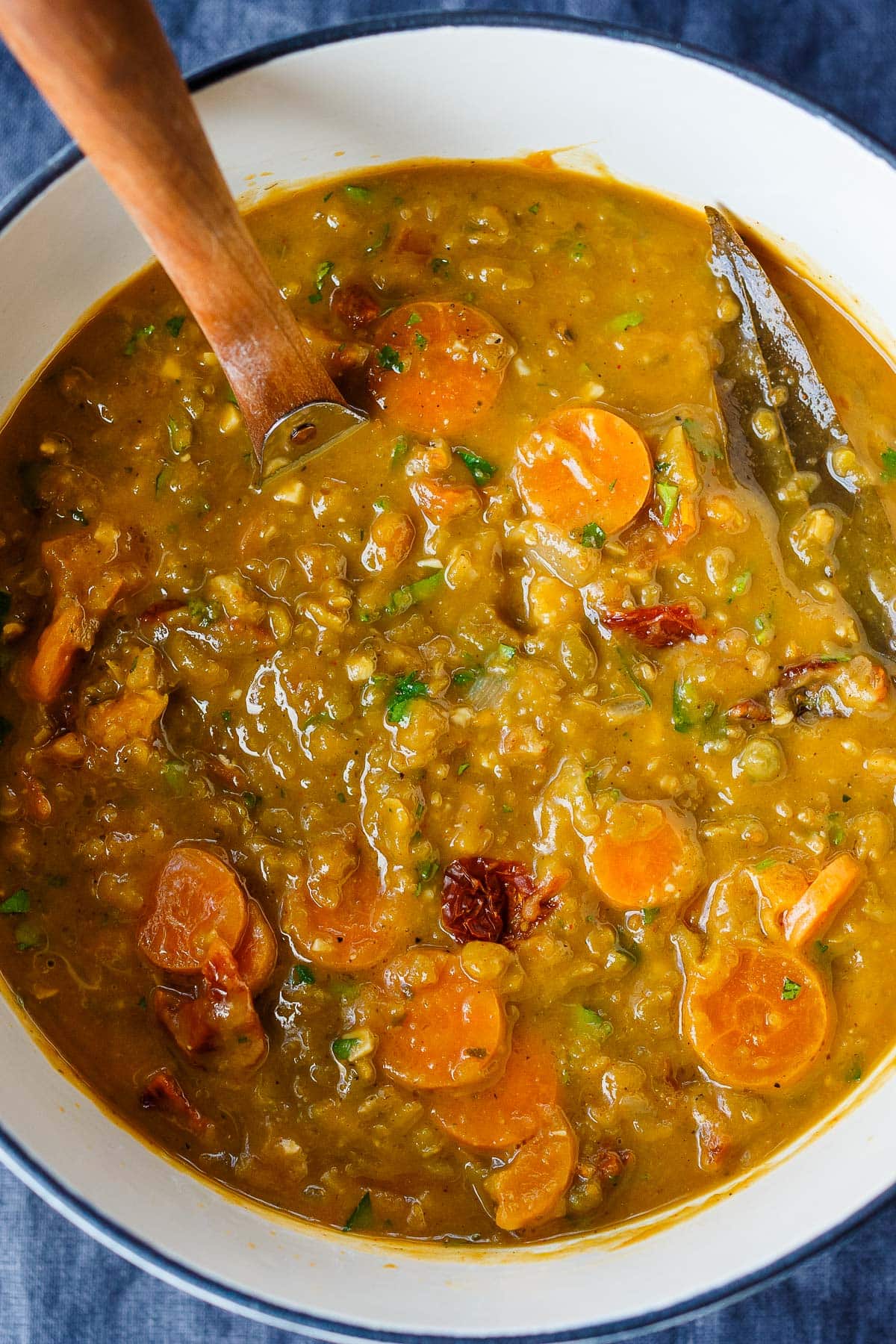 This Split Pea Soup recipe comes from our vegetarian restaurant! Savory and delicious, bursting with Mediterranean flavors! Vegan. 