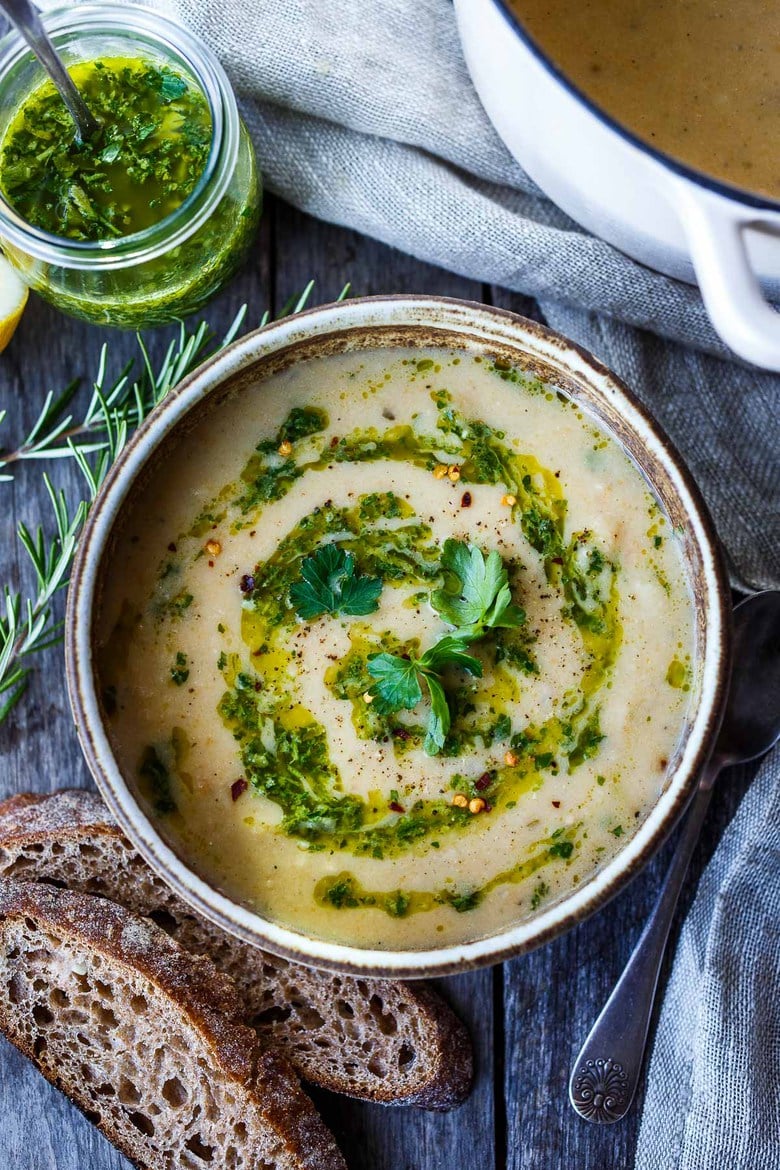 Creamy White Bean Soup with Leeks and Rosemary drizzled with flavorful herby Gremolata- a quick and easy vegan meal. Healthy & delicious! 