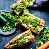 How to make the most delicious, atuthentic Vietnamese Banh Mi Sandwich - fresh, light, complex and flavorful with lots of umami goodness, made with your choice of tofu, mushrooms, chicken or pork and simple pantry ingredients. Vegan-adaptable.