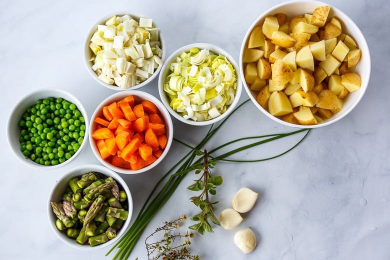 chopped veggies in vegetable pot pie. 