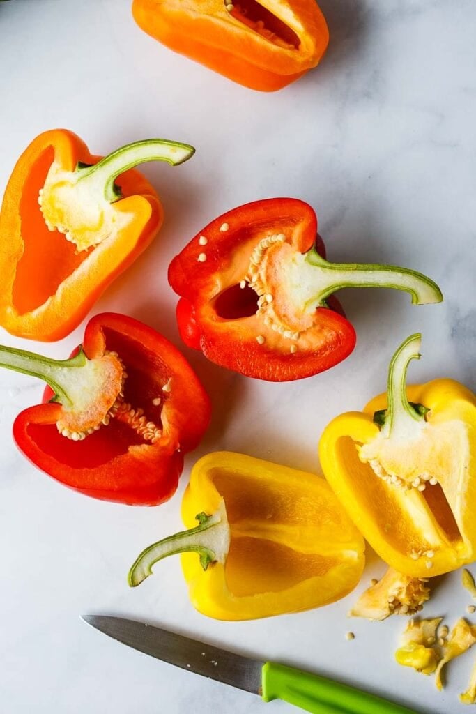 peppers sliced in half and core removed.
