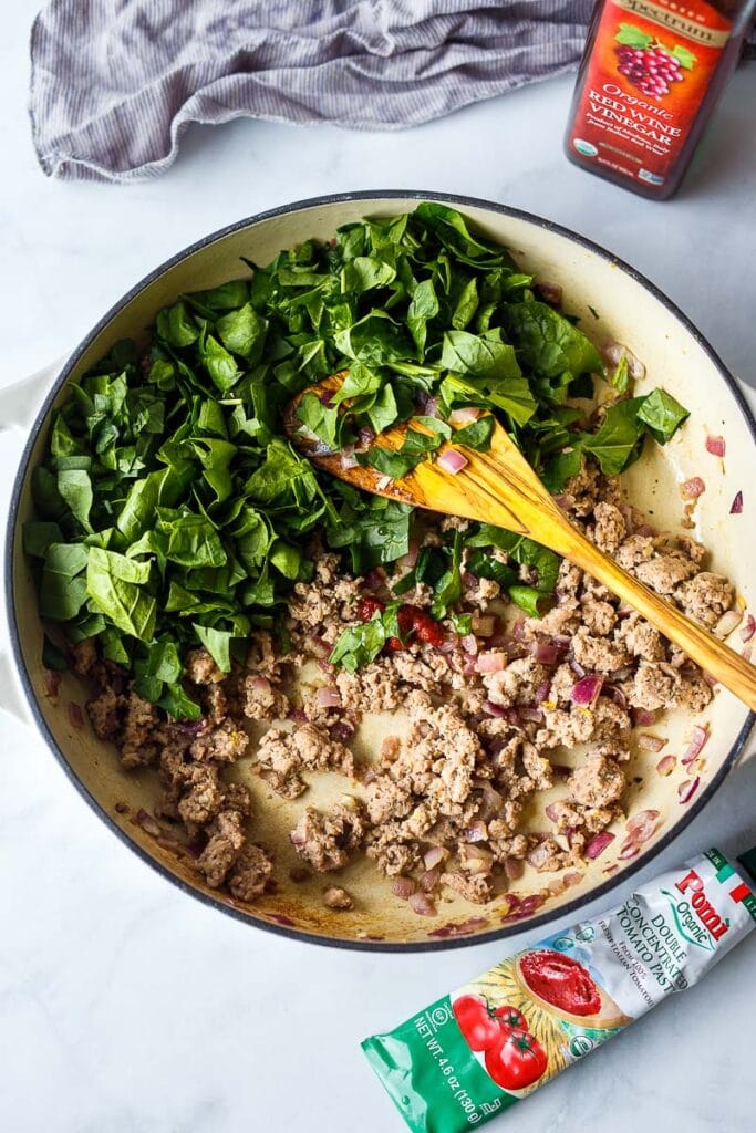 wilting spinach with sautéed turkey.