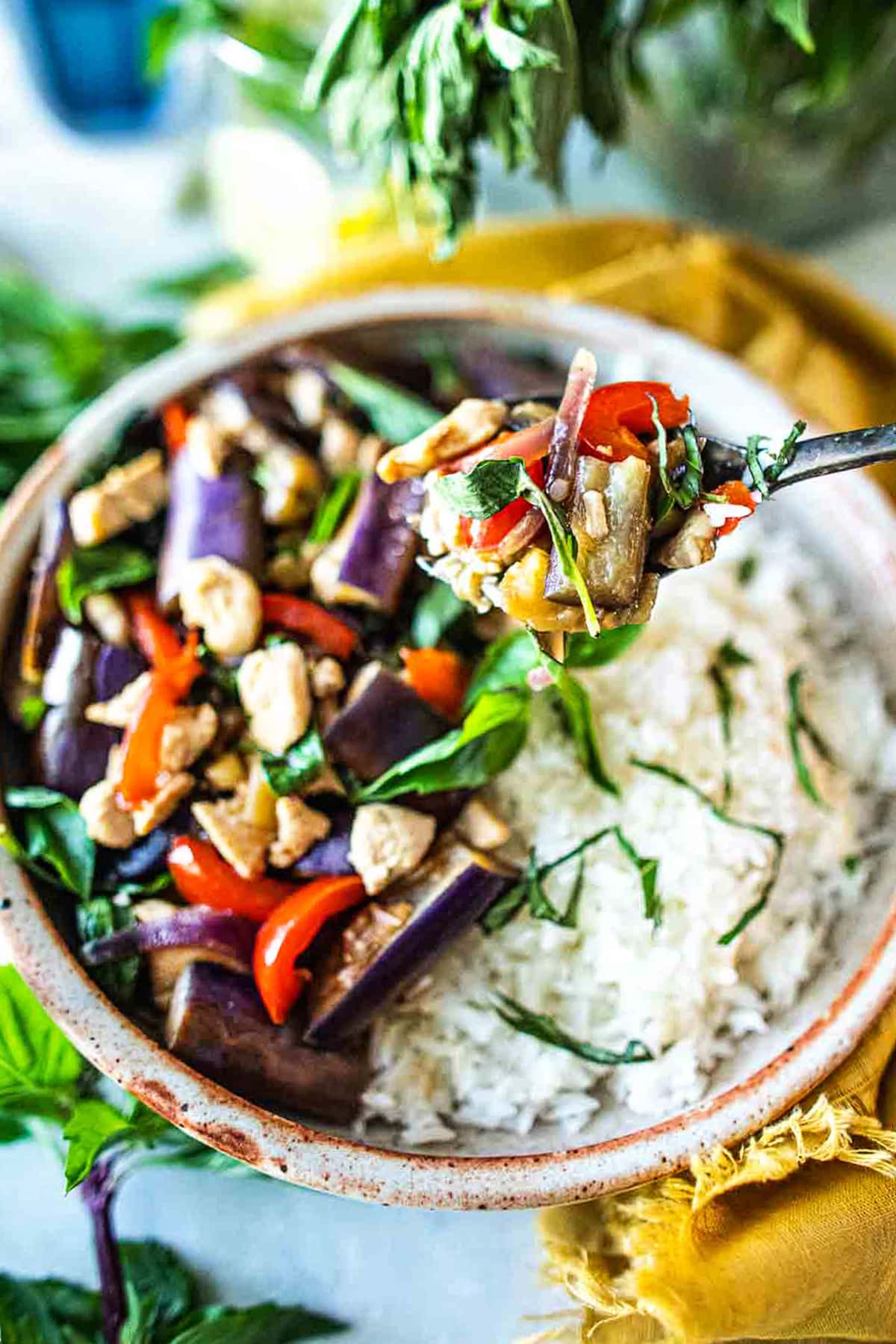 This Thai Eggplant Stir Fry is a delicious healthy meal featuring succulent eggplant, your choice of protein, fresh veggies in a flavorful Thai stir-fry sauce,  finished with aromatic Thai basil.