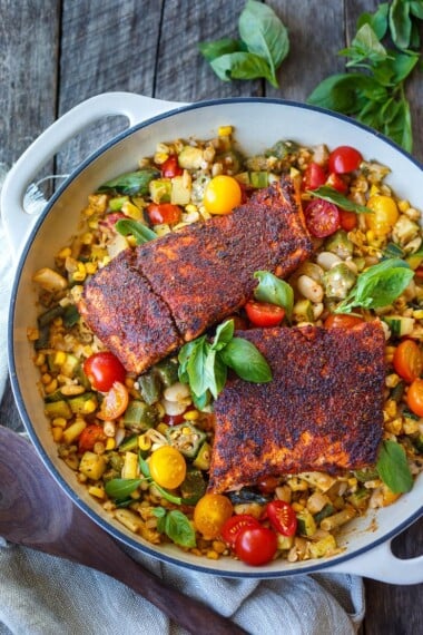 Traditional Succotash is abundant with fresh summer veggies & simple, clean flavors.  A delicious healthy side dish to pair with your choice of protein for a healthy delicious meal. Vegan and Gluten-free.