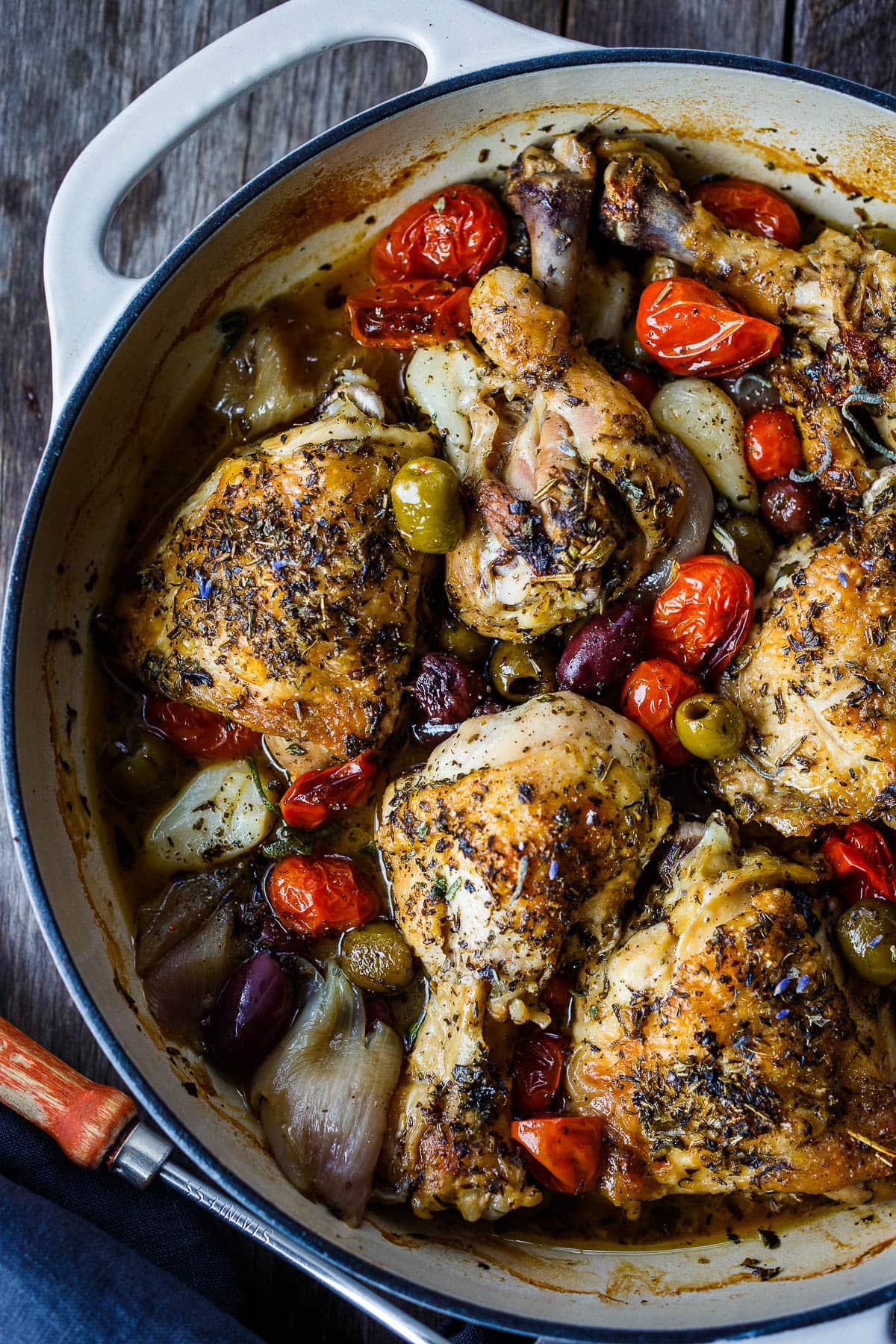 Chicken Provençal is seasoned with Herbs de Provence, braised with white wine, tomatoes, olives, garlic and shallots until tender & fragrant.