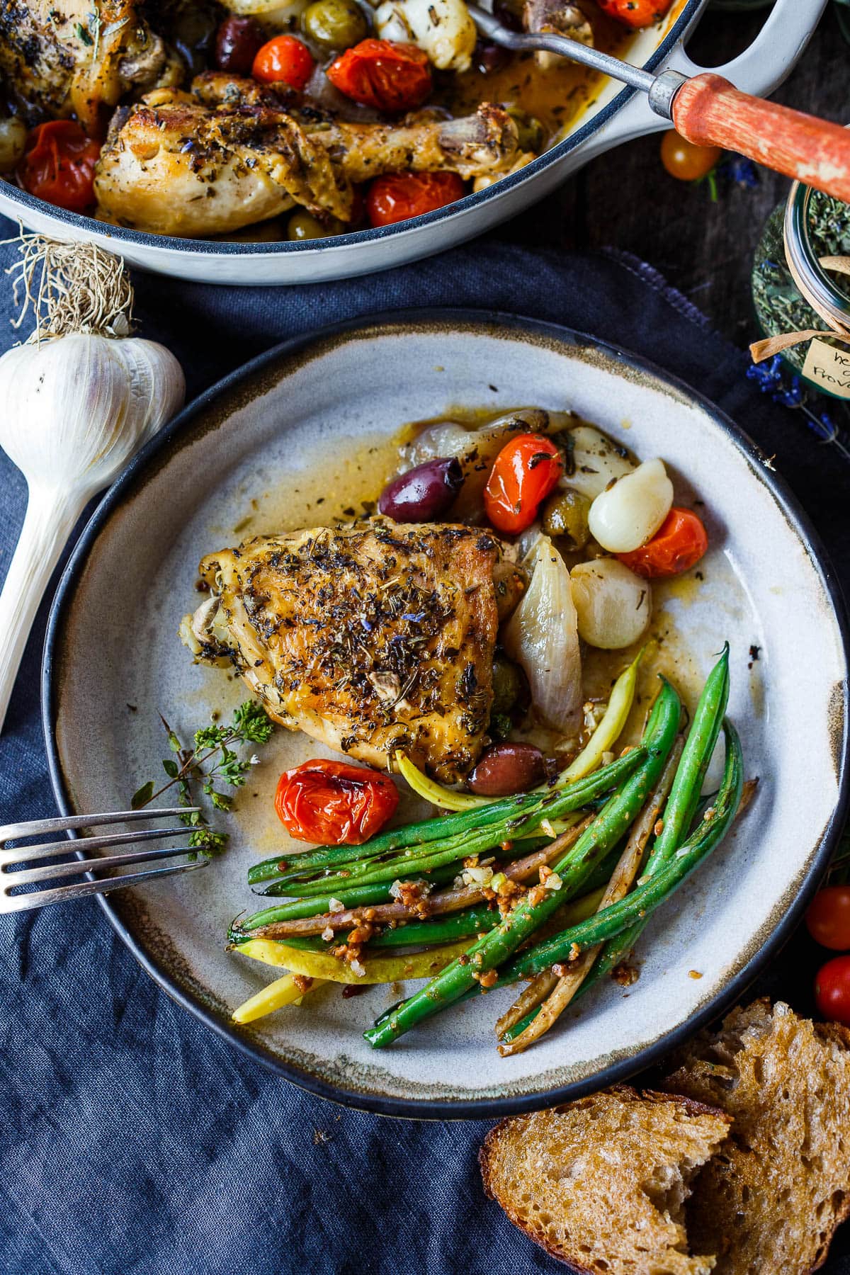 Chicken Provençal is seasoned with Herbs de Provence, braised with white wine, tomatoes, olives, garlic and shallots until tender & fragrant.