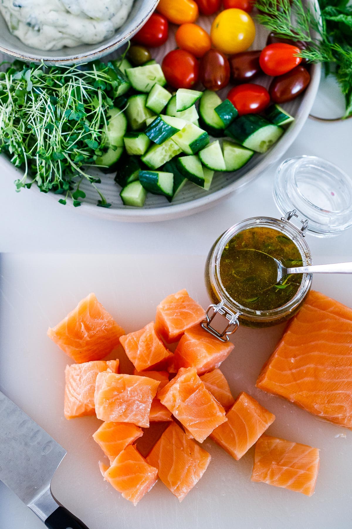 Ingredients in Greek salmon bowls.