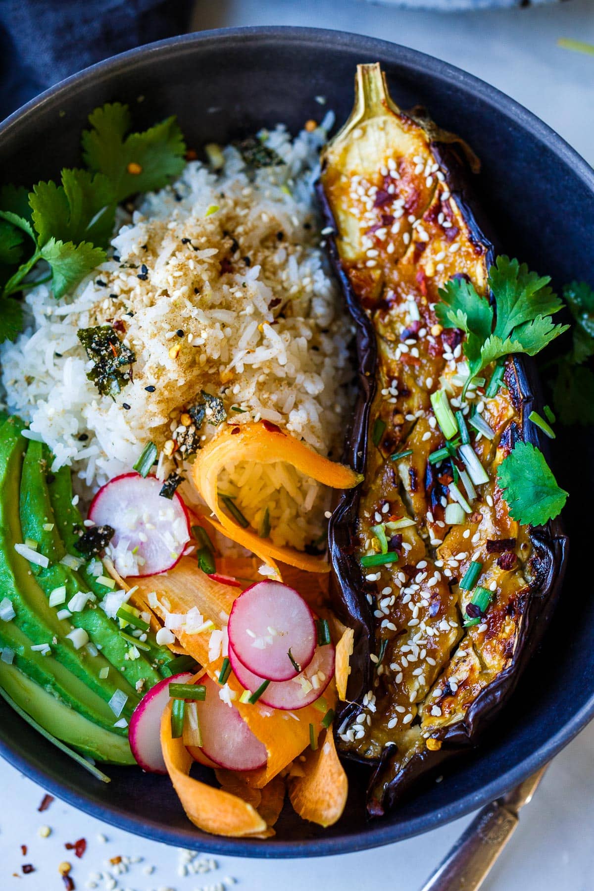 Miso Eggplant (Nasu Dengaku) with rice in a bowl.
