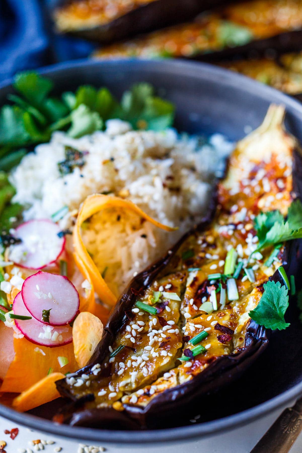 Miso Roasted Eggplant (Nasu Dengaku) is caramelized with an umami rich miso glaze, a simple vegan main dish or vegetable side dish that is easy and so savory.