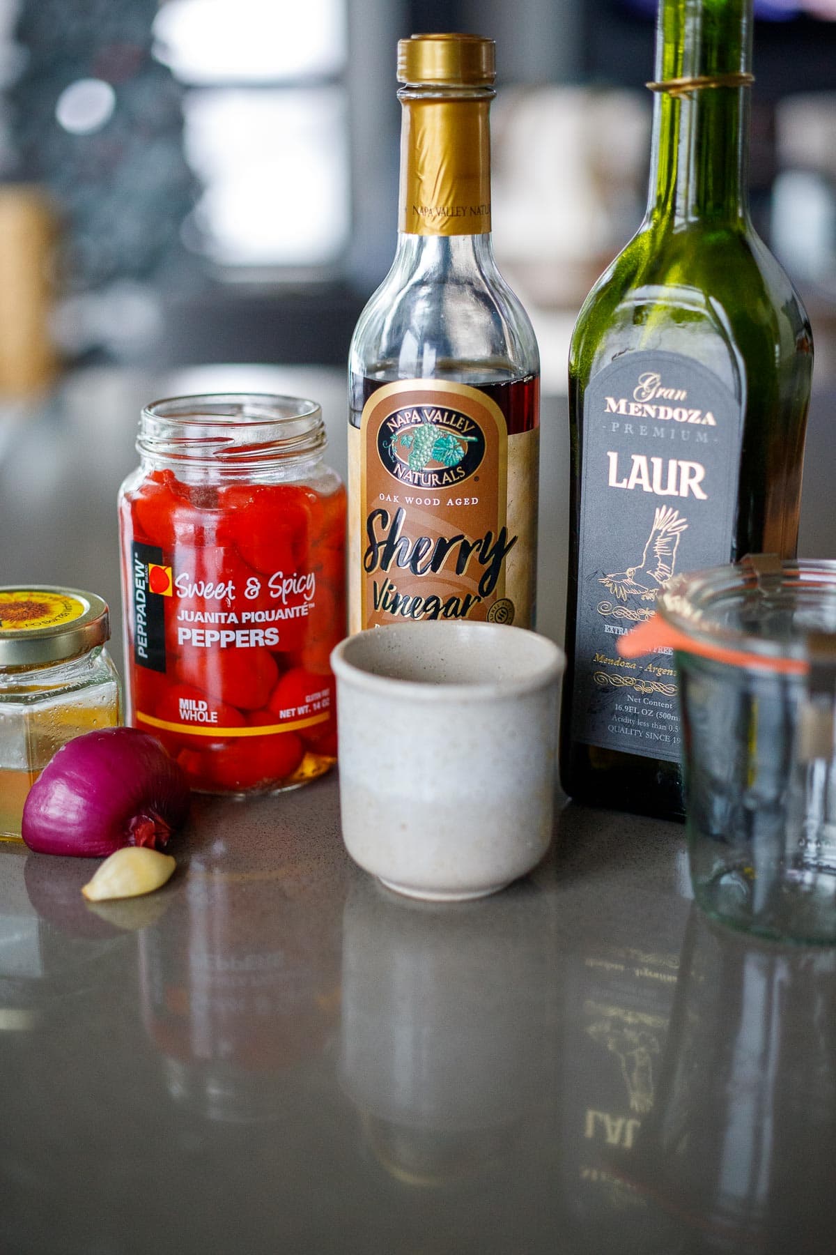 Ingredients in pickled Pepper Vinaigrette.